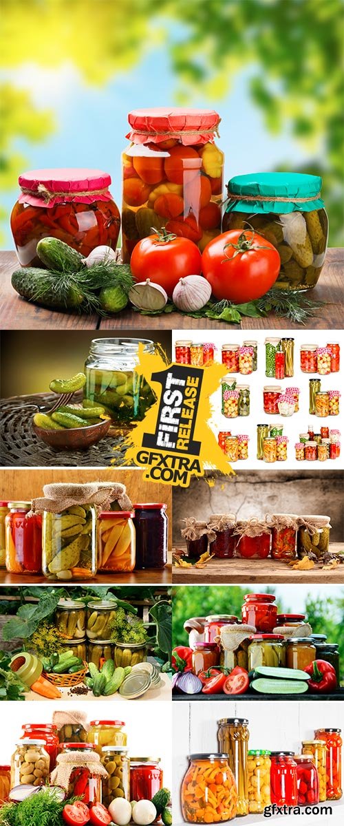 Stock Photo Jars of pickled vegetables in the garden, Marinated food