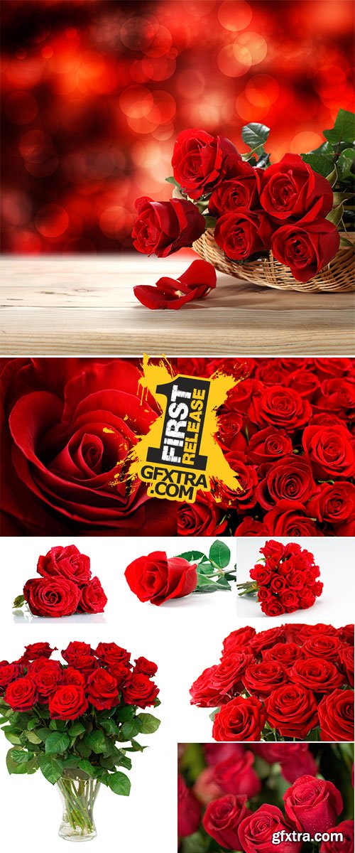 Stock Photo: Bouquet of artificial red roses, isolated, space for copy in the side