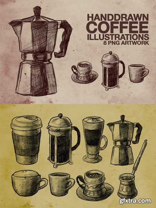 Hand Drawn Coffee Illustrations 8xPNG 82596