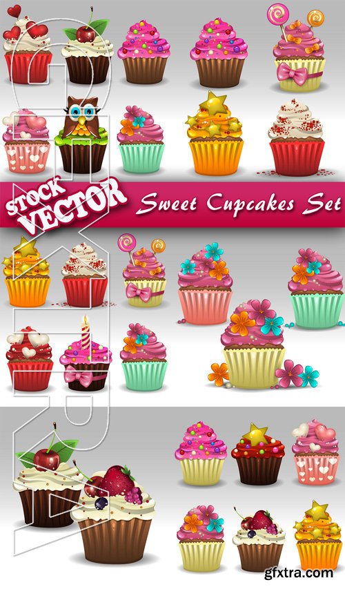 Stock Vector - Sweet Cupcakes Set