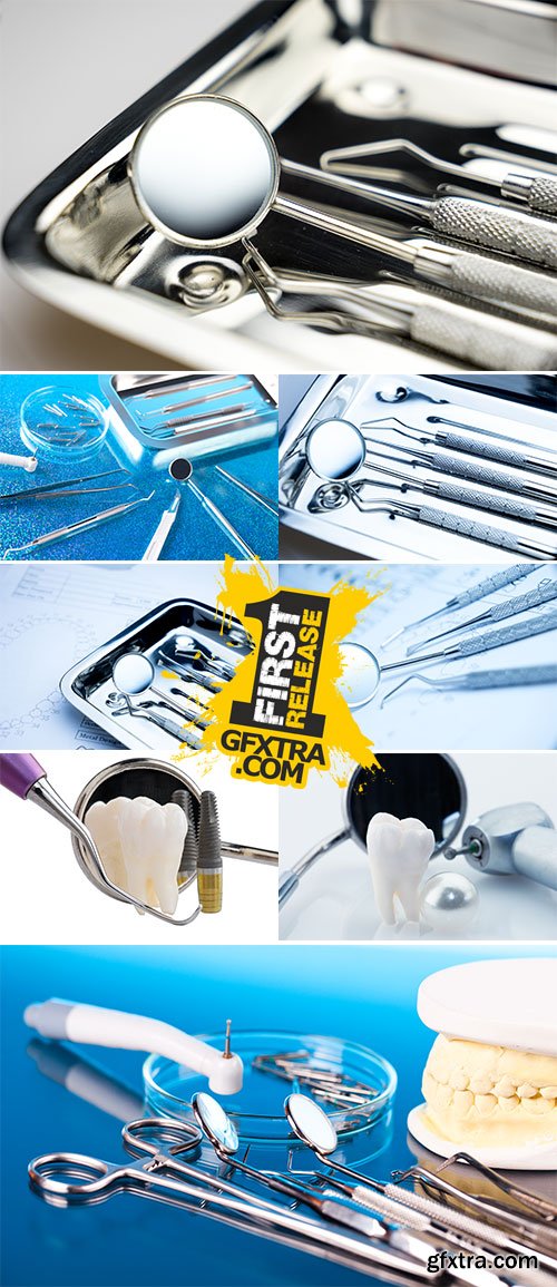 Stock Photo Set of metal Dentist 's medical equipment tools