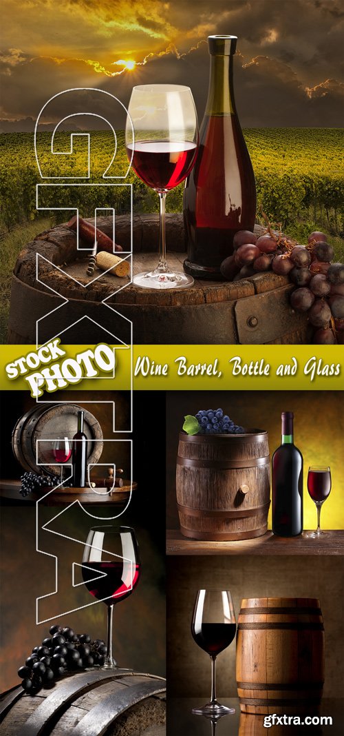 Stock Photo - Wine Barrel, Bottle and Glass