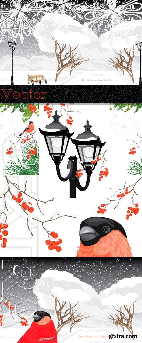 Winter backgrounds in Vector with decorative lamps and bullfinches