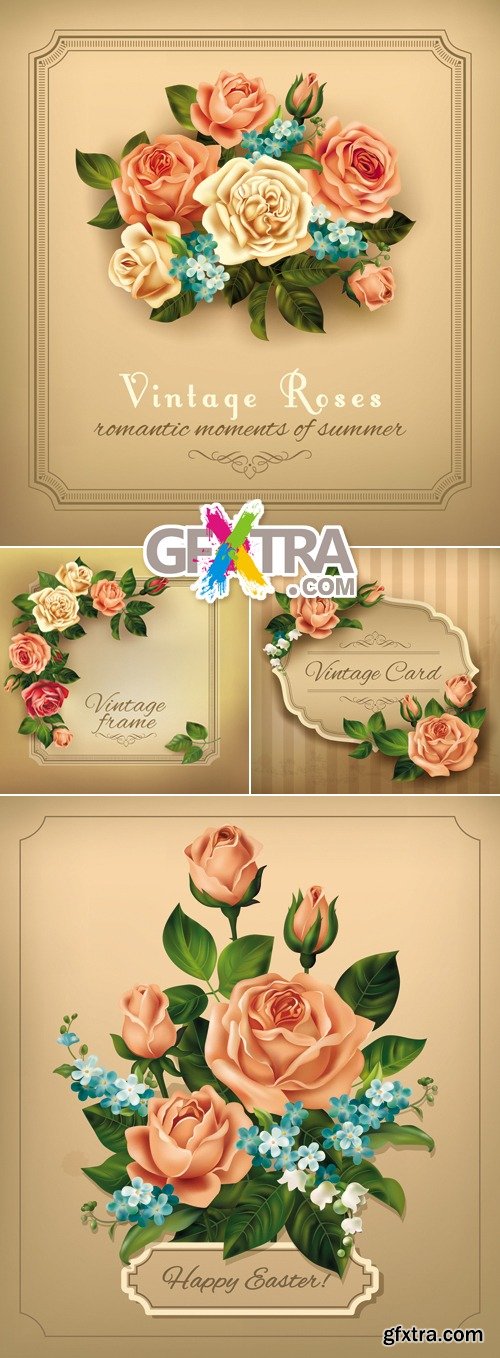 Vintage Cards with Roses Vector 5