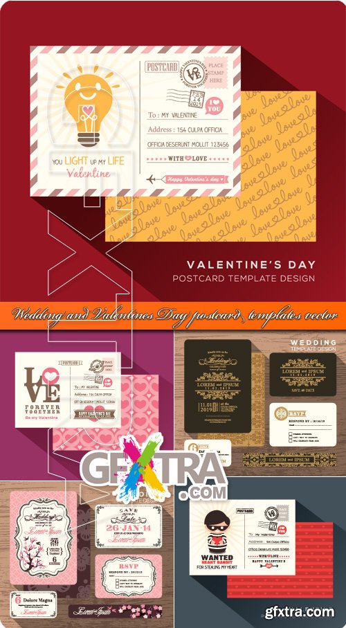 Wedding and Valentines Day postcard templates vector