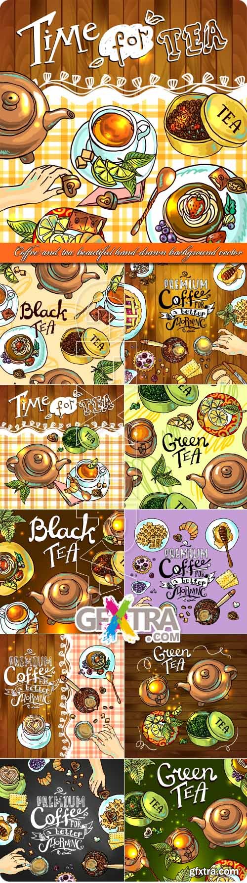 Coffee and tea beautiful hand-drawn background vector