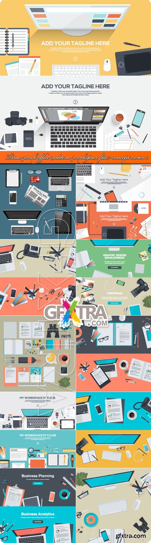 Time work office modern workspace flat concept vector 3