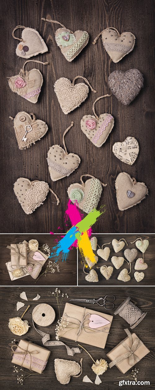 Stock Photo - Gifts & Hearts on Wooden Background