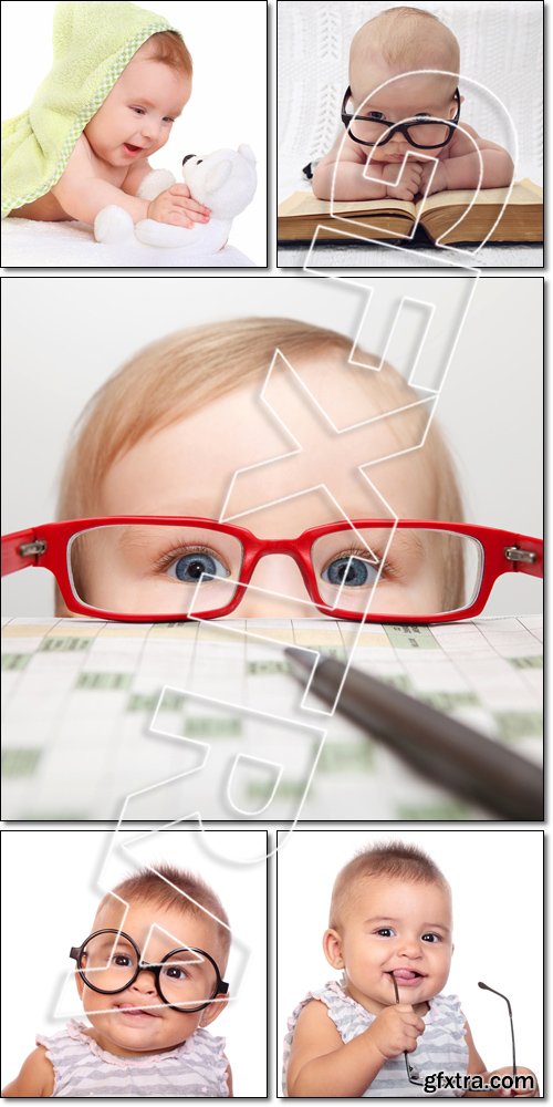 Beautiful baby and glasses, with a teddy bear, cute professor - Stock photo