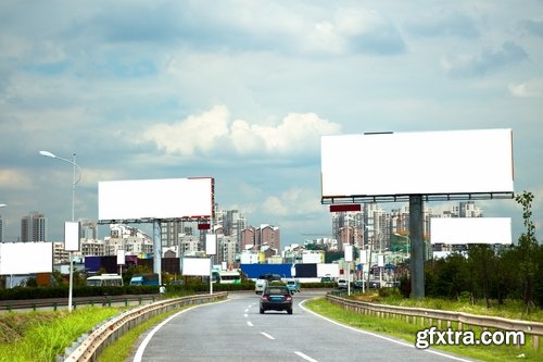 Collection of billboards and banners against the backdrop of the city and highways 25 HQ Jpeg