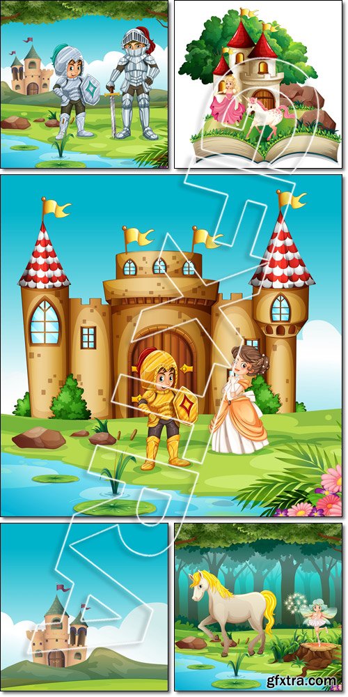 Fairy tale: Horse, Princess and unicorn, Castle - Vector
