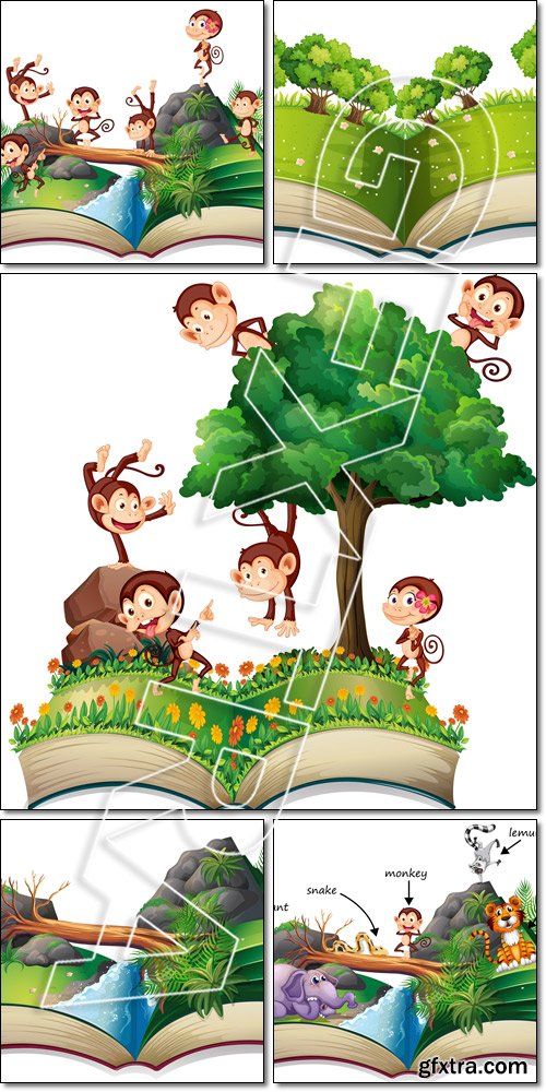 Animal book. Monkeys and tree - Vector
