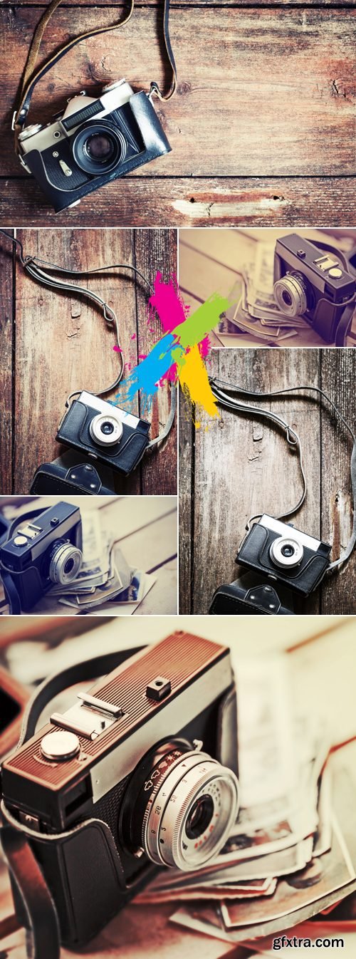 Stock Photo - Old Retro Camera on Wooden Background