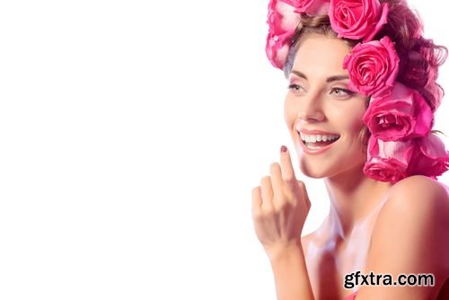 Stock Photos - Portrait of a Happy Beautiful Young Woman with Roses in Her Hair