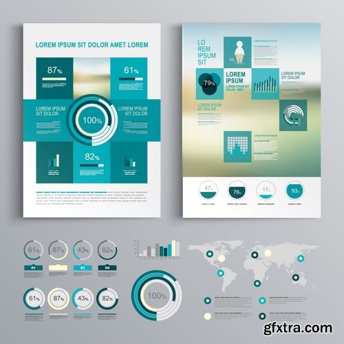 Vector - Blue Brochure Template Design with Square Shapes - Cover Layout and Infographics