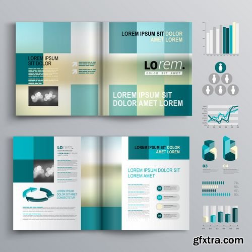 Vector - Blue Brochure Template Design with Square Shapes - Cover Layout and Infographics