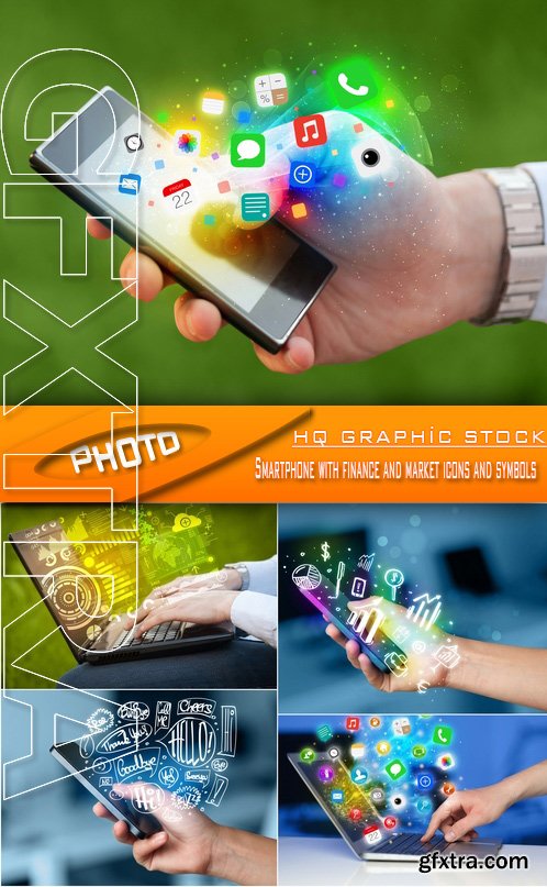 Stock Photo - Smartphone with finance and market icons and symbols