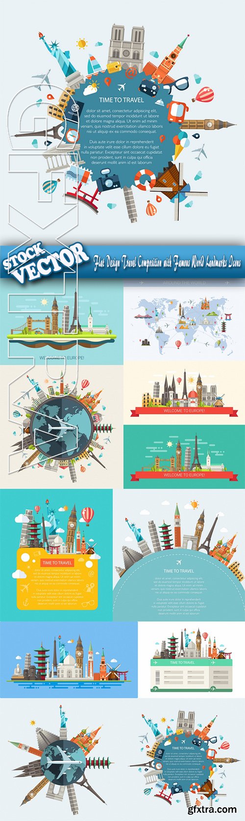 Stock Vector - Flat Design Travel Composition with Famous World Landmarks Icons