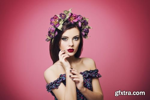 Stock Photos - Beautiful Young Woman with Bright Makeup Wearing Floral Headband