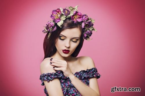 Stock Photos - Beautiful Young Woman with Bright Makeup Wearing Floral Headband