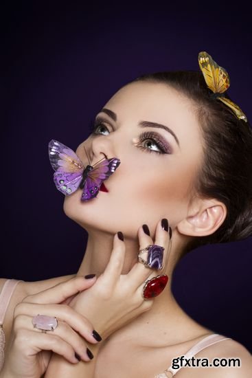 Stock Photos - Fashion Portrait of Beautiful Woman with Bright Makeup and Butterflies