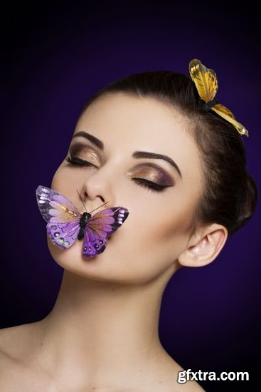 Stock Photos - Fashion Portrait of Beautiful Woman with Bright Makeup and Butterflies