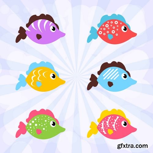 Vector - Set of Fish Icons with Wonderful Ornament and Colors