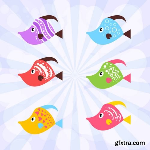 Vector - Set of Fish Icons with Wonderful Ornament and Colors