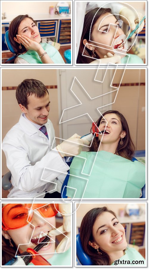 Beautiful girl/ Woman patient at dentist consultation,  treats teeth - Stock photo