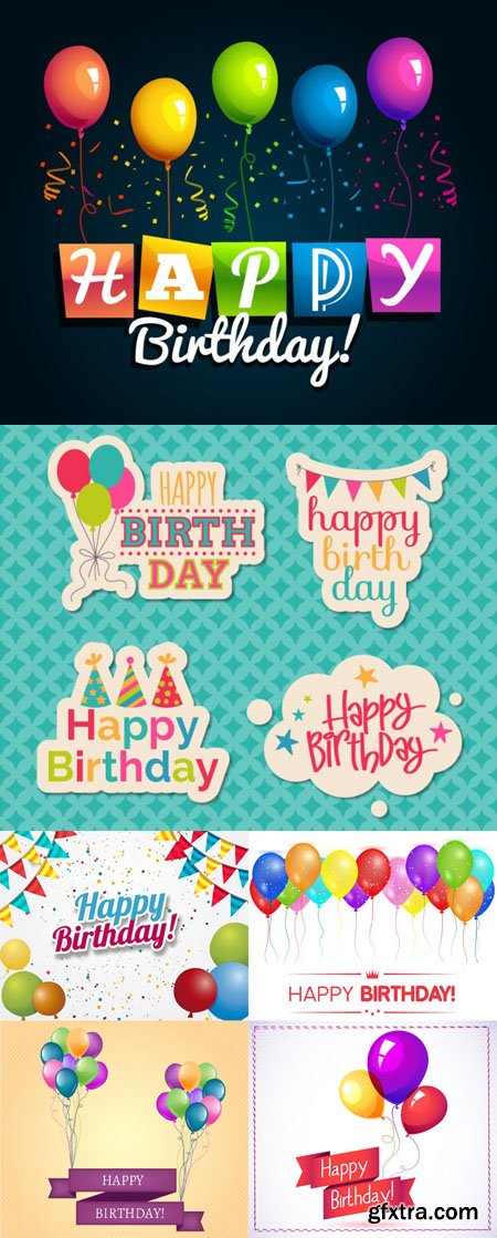 Stock Vector - Happy Birthday Banners, stickers and Cards with Balloons