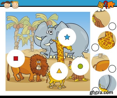 Cartoon Vector Illustration of Match the Pieces Educational Game for Preschool Children
