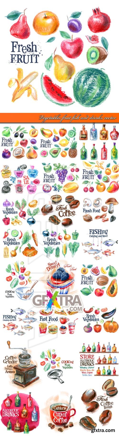 Vegetables fruit fish and drinks vector Vegetables fruit fish and drinks vector