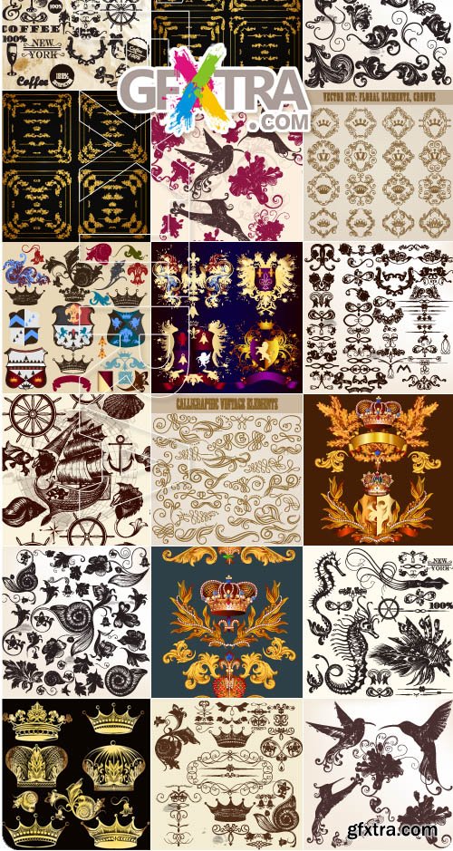 Calligraphic Elements Ornaments & Crowns Heraldic Design 24xEPS
