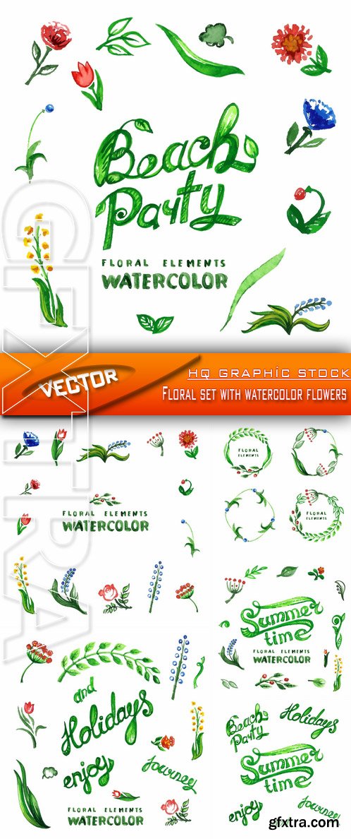 Stock Vector - Floral set with watercolor flowers