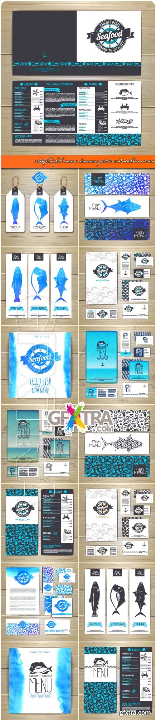 Seafood fish menu banners poster and stickers vector