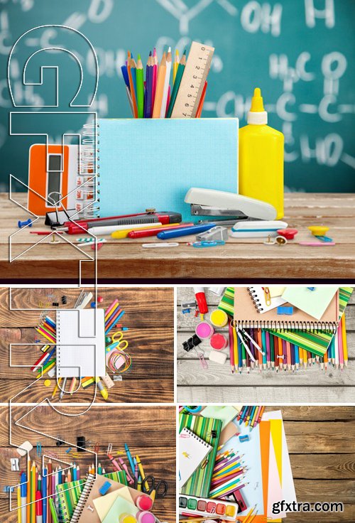 Stock Photos - School. school and office supplies, booklet, paint, pencils isolated