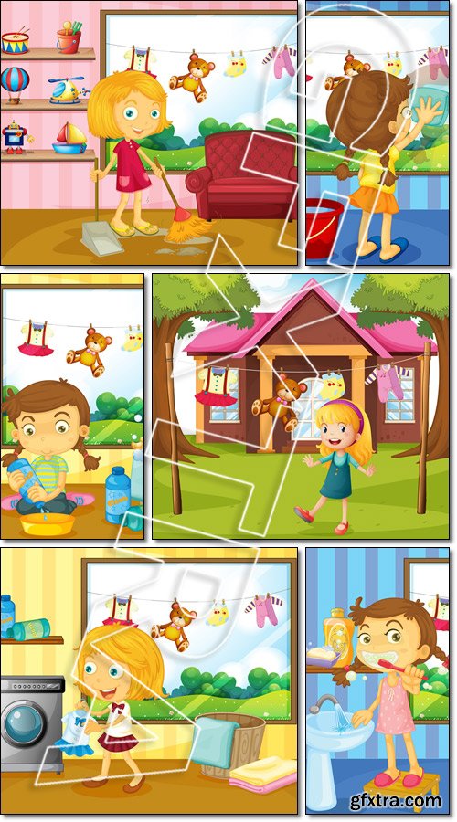 Girls on the move, at work, clean the house, personal hygiene - Vector