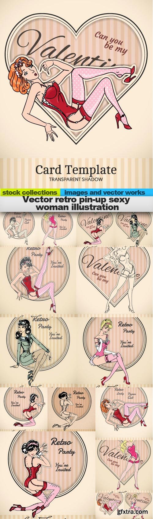 Vector retro pin-up sexy woman illustration, 15 xEPS