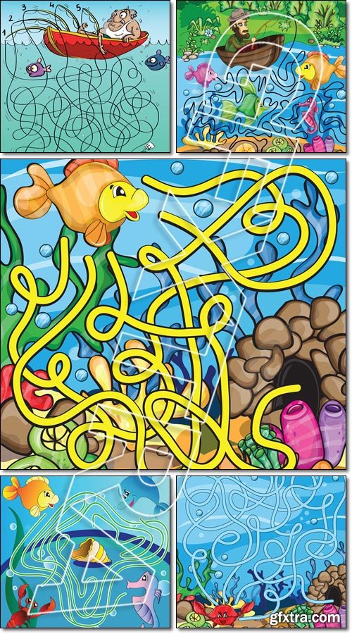 Puzzle for kids, marine life. Fisherman Maze Game - Vector