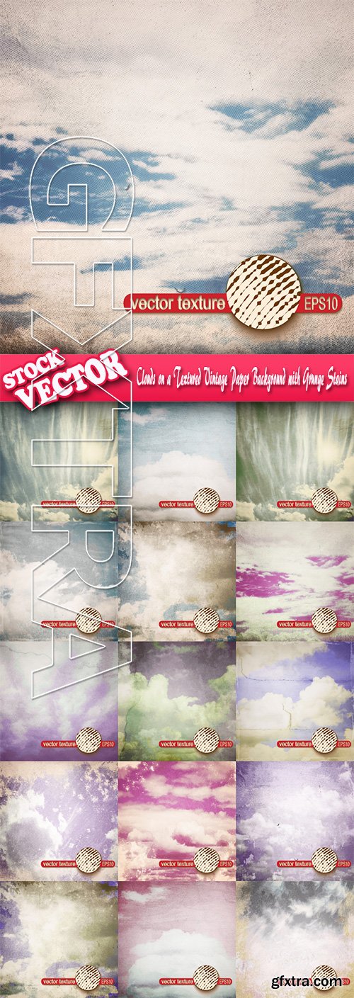 Stock Vector - Clouds on a Textured Vintage Paper Background with Grunge Stains
