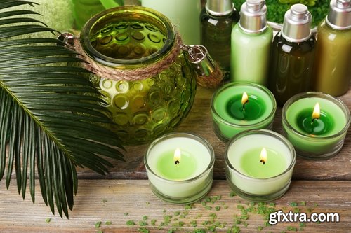 Collection of scented candles for spa treatments aromatherapy oil towel 25 HQ Jpeg