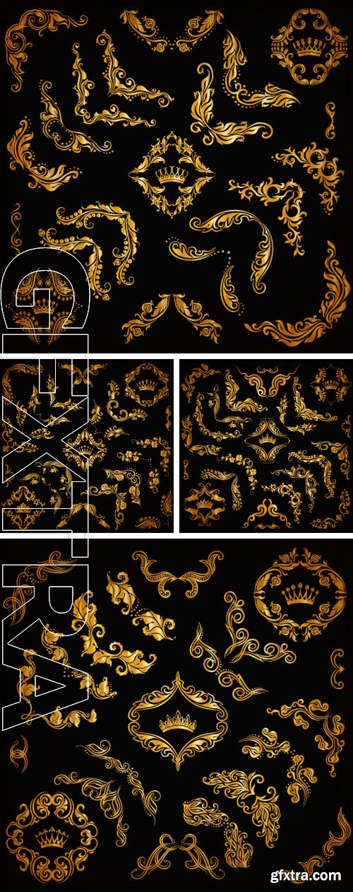 Stock Vectors - Vector set of gold decorative hand-drawn floral elements, filigree corners, borders, frame, crown, monograms on black background. Vector illustration