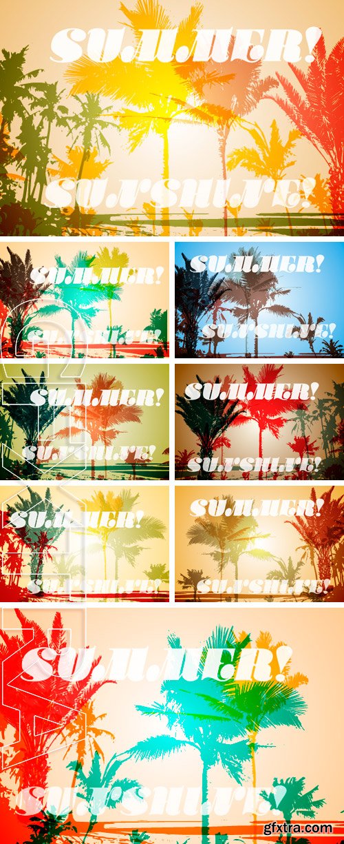 Stock Vectors - Colorful background with silhouette of palm trees on the beach. Tropical seasonal background for topics of travel, vacation and summer