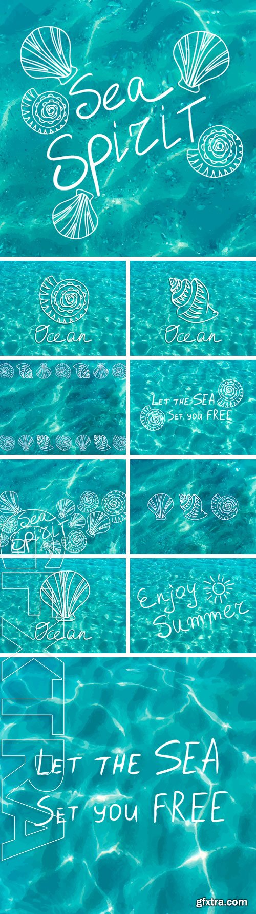 Stock Vectors - Vector shiny blue ocean realistic water with shells. Sea spirit. surface textures, summer posters, trip and vacations cards design