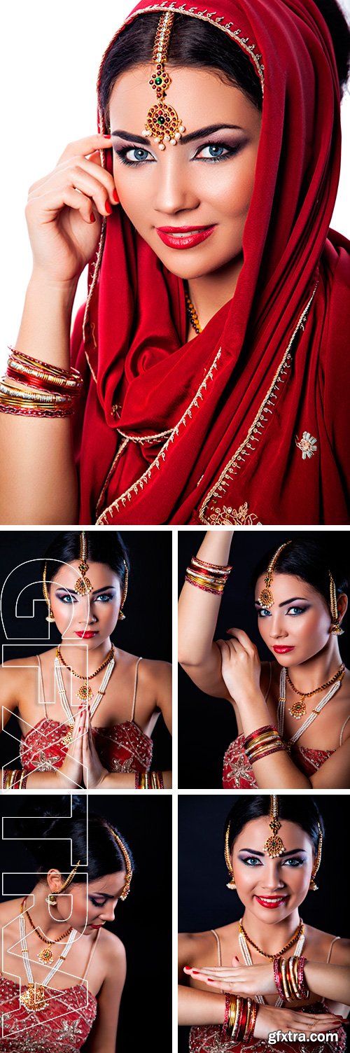 Stock Photos - Beautiful girl with oriental makeup and Indian Jewelry, fashion look