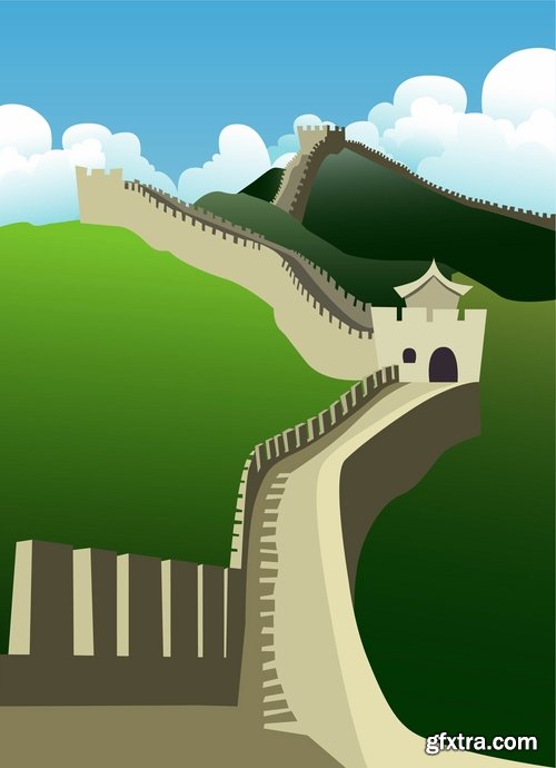 Collection of vector picture Great Wall of China sunset landscape travel 25 Eps