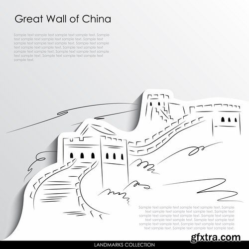 Collection of vector picture Great Wall of China sunset landscape travel 25 Eps