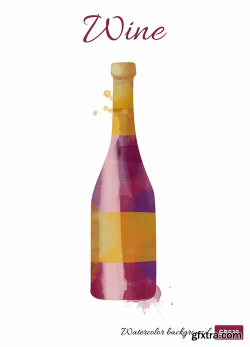 Collection of vector image of wine bottle with a glass of wine glass of grape leaf cheese 25 Eps