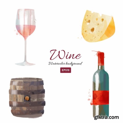 Collection of vector image of wine bottle with a glass of wine glass of grape leaf cheese 25 Eps