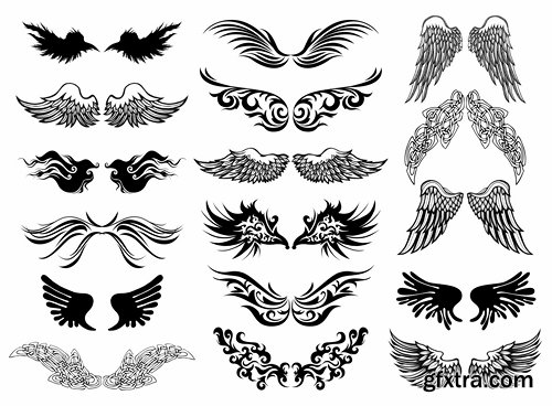 Collection of different wings silhouette pattern icon 25 EPS